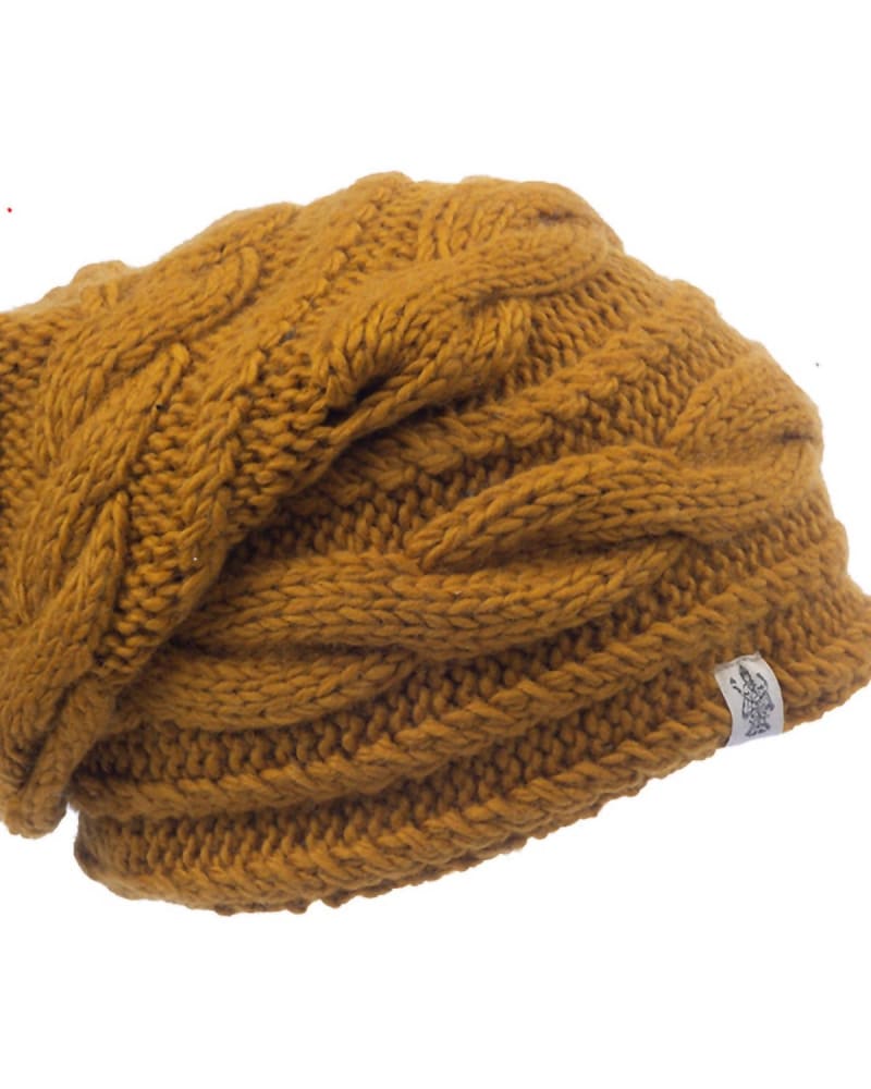 Front of a size one-size-fits-all Triple Braid Cable Slouch Hat In Honey in Honey by Nirvanna Designs. | dia_product_style_image_id:355956